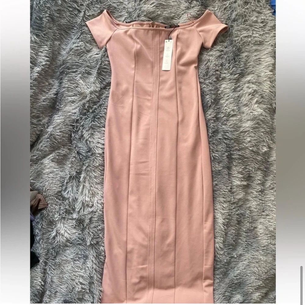 🆕(NWT) ZARA Bloggers Fav Blush Pink Off-The-Shoulder Sheath Midi/Maxi Dress. LG - Picture 13 of 15